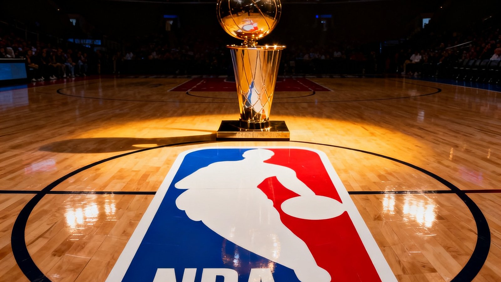 NBA经典红蓝白三色logo与奥布莱恩冠军奖杯，背景是灯火通明的专业篮球馆硬木地板，三分线弧顶清晰可见